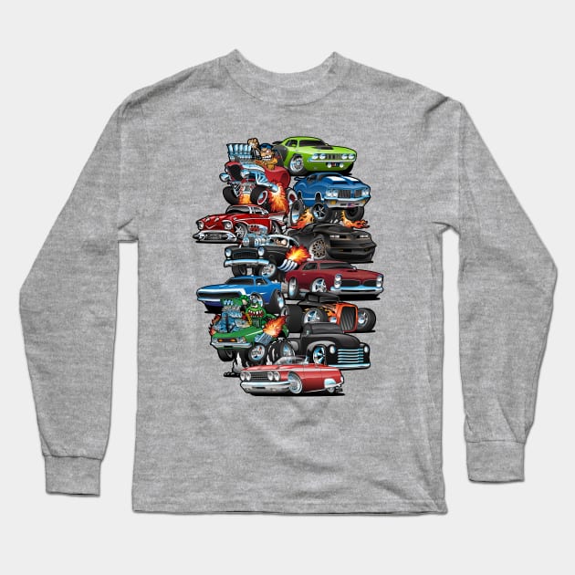 Car Madness! Muscle Cars and Hot Rods Cartoon Long Sleeve T-Shirt by hobrath